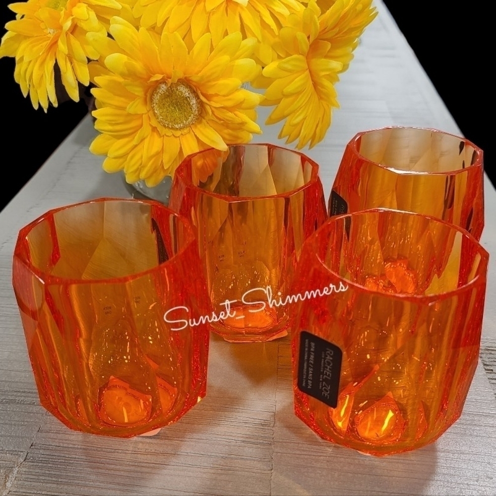 NEW RACHEL ZOE 4pc Set ORANGE ACRYLIC Crystal TUMBLER Cup Drink GLASSES NEW
